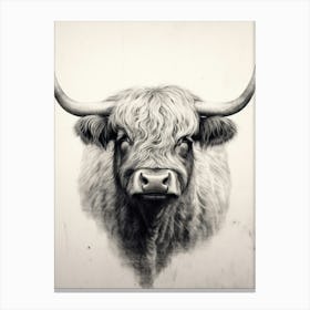 Black & White Ink Painting Of Highland Cow 5 Canvas Print