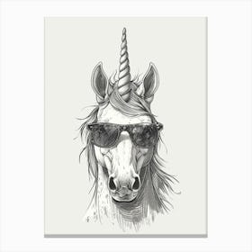Unicorn In Sunglasses Black & White Illustration 1 Canvas Print