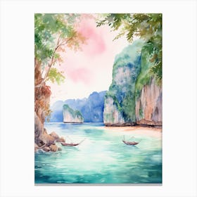 Watercolor Painting Of Maya Bay, Koh Phi Phi Thailand 3 Canvas Print