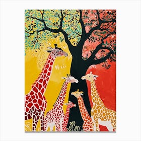 Cute Giraffe Herd Under The Trees Illustration 2 Canvas Print