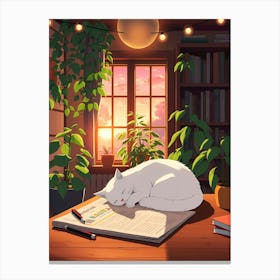 White Cat Sleeping On A Desk Canvas Print