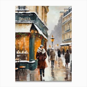 Paris cafes, winter season, Christmas, autumn oil colors, pale colors, pedestrians in the street, winter clothes, falling snow.Christmas decorations.14 1 Canvas Print