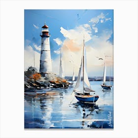 Calm Water Sailboats And Lighthouse 4 Canvas Print