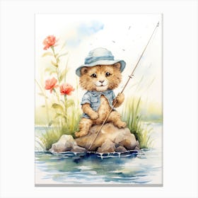 Fishing Watercolour Lion Art Painting 2 Canvas Print