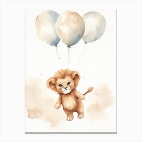 Baby Lion Flying With Ballons, Watercolour Nursery Art 4 Canvas Print
