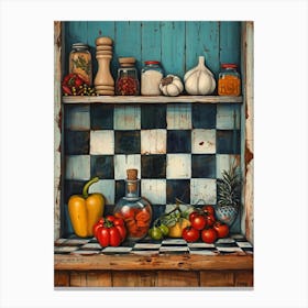 Kitchen Ingredients On A Shelf Blue Checkerboard Canvas Print
