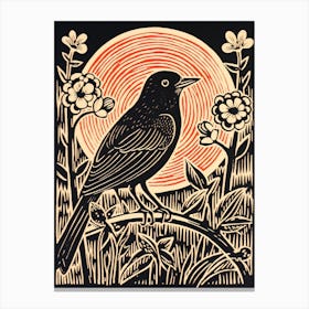 Vintage Bird Linocut Cowbird 1 Canvas Print