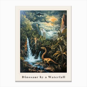 Dinosaur By A Waterfall Painting 2 Poster Canvas Print