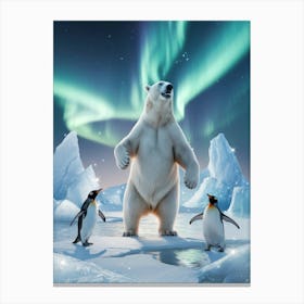 A Surreal Scene Of A Polar Bear And Penguins Canvas Print