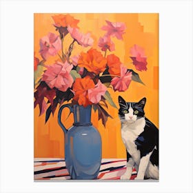 Columbine Flower Vase And A Cat, A Painting In The Style Of Matisse 1 Canvas Print