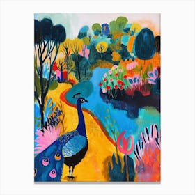 Peacock By The River Colourful Painting 3 Canvas Print
