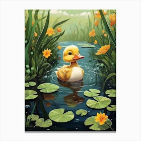 Cartoon Duckling Swimming With Water Lilies 4 Canvas Print