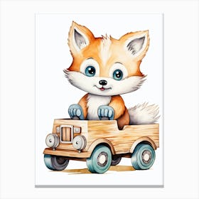 Baby Polar Fox On A Toy Car, Watercolour Nursery 1 Canvas Print