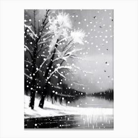 Snowflakes Falling By A Lake, Snowflakes, Black & White 1 Canvas Print