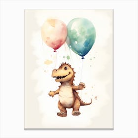 Baby Dinosaur (T Rex) Flying With Ballons, Watercolour Nursery Art 3 Canvas Print