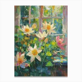 Amayllis Flowers On A Cottage Window 4 Canvas Print