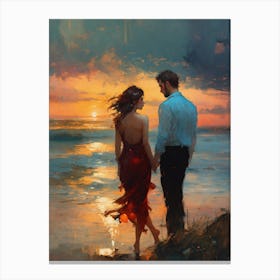 Couple Walking On The Beach Canvas Print
