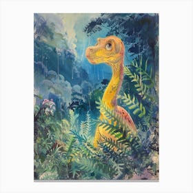 Dinosaur In The Rain Watercolour Illustration 1 Canvas Print
