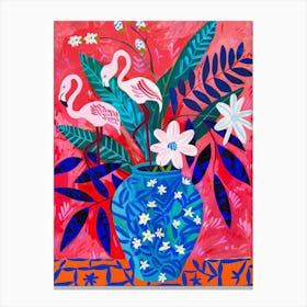 Flamingos In A Blue Vase Canvas Print