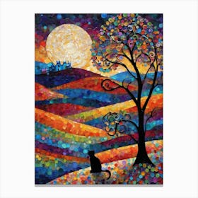 Beautiful Night - Beautiful Rainbow Mosiac of Whimsical Black Cat Watching the Full Moon Whimsy Kitty Art for Cat Lover, Cat Lady, Chakra Pride Pagan Witch Colorful HD Canvas Print
