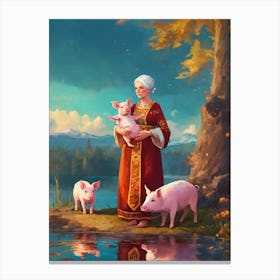 Old Lady With Pigs Canvas Print