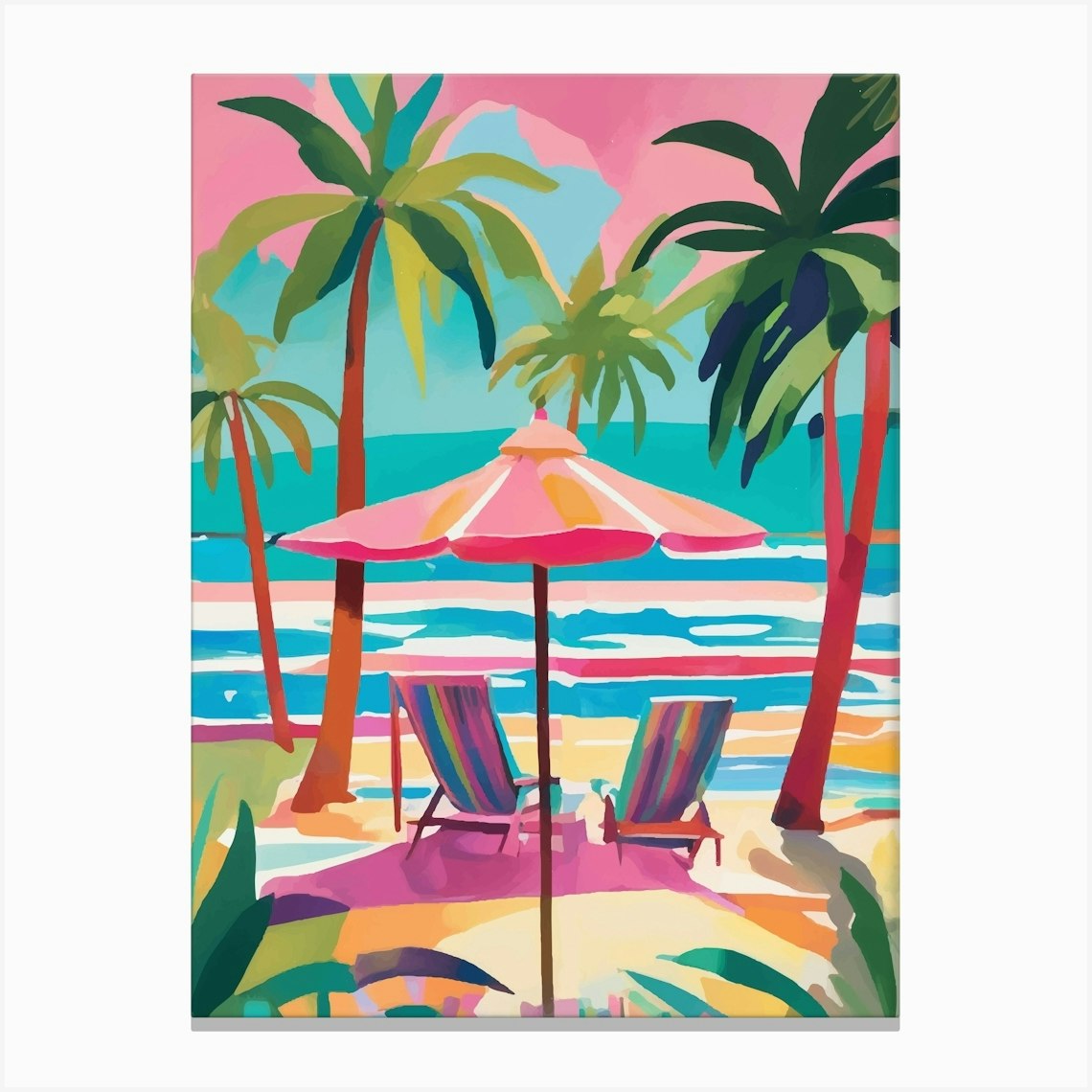 Pink Beach Chairs And Umbrella Canvas Print by Palmito