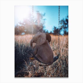 Baby Elephant Sitting On Swing In Garden Canvas Print