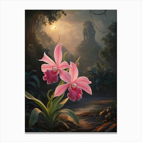 Pink Orchids In The Jungle, Oil painting, Sunrise and ancient structure in the background Canvas Print