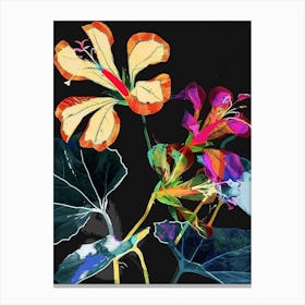 Neon Flowers On Black Nasturtium 4 Canvas Print