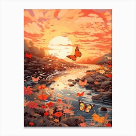 Butterfly At Sunset By The River Japanese Style Painting Canvas Print