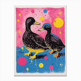 Colourful Geometric Linocut Style Ducks 2 Canvas Print