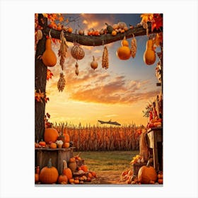 A Photograph Showcasing A Thanksgiving Festival Scene Set In A Rustic Fall Evening Wooden Decoratio 1 Canvas Print