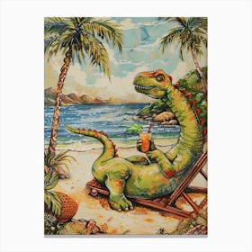 Dinosaur On A Sun Lounger With A Cocktail Painting 2 Canvas Print