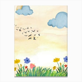 Watercolor Background With Birds And Flowers Canvas Print