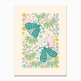 TWO MOTHS Delicate Bugs Floral with Pastel Garden Flowers Teal Turquoise Canvas Print