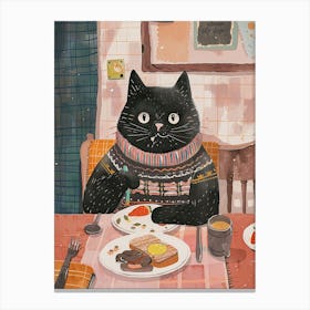 Black Cat Having Breakfast Folk Illustration 3 Canvas Print