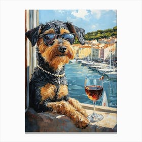 Airedale Drinking Wine At The Harbor Canvas Print