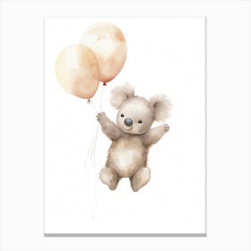 Baby Koala Flying With Ballons, Watercolour Nursery Art 4 Canvas Print