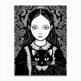 Wednesday Addams And A Cat Line Art Noveau 4 Fan Art Canvas Print