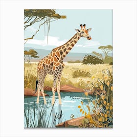 Giraffe In The Water Hole Modern Illustration 4 Canvas Print
