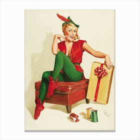 Pinup Sexy Elf With A Present For You Canvas Print