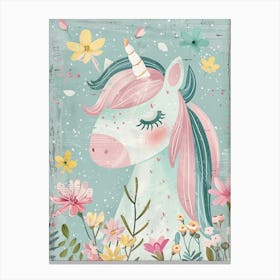 Storybook Style Unicorn & Flowers Pastel 2 Canvas Print