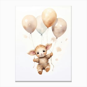Baby Sheep Flying With Ballons, Watercolour Nursery Art 3 Canvas Print