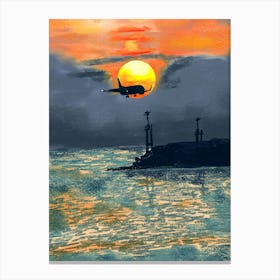 Beautiful Sunset evening at port with aero plane Canvas Print