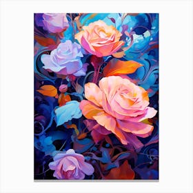 Pink Roses In A Blue Garden Canvas Print