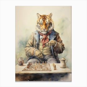Tiger Illustration Playing Chess Watercolour 1 Canvas Print