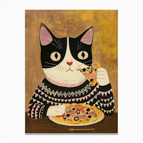 Happy Black And White Cat Pizza Lover Folk Illustration 2 Canvas Print