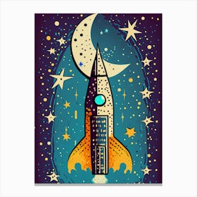 Whimsical Rocket Launch with Moon and Stars Stampe su tela