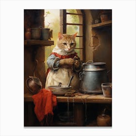 Cat As A Cook In A Medieval Kitchen Canvas Print