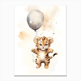 Baby Tiger Flying With Ballons, Watercolour Nursery Art 3 Canvas Print